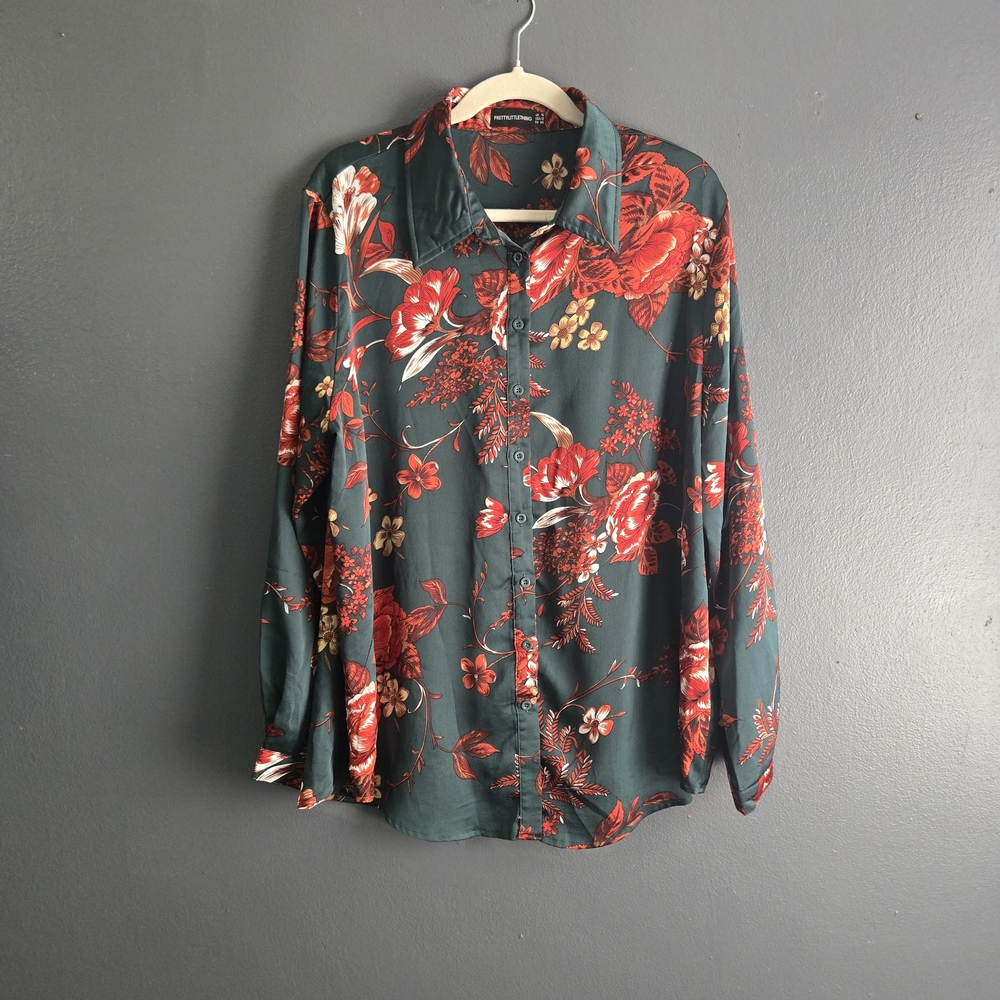 PrettyLittleThing Emerald Green Floral Printed Oversized Shirt